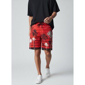 Hawk Red Tropical Print Mens Large Board Shorts With Drawstring Waist & Back Poc